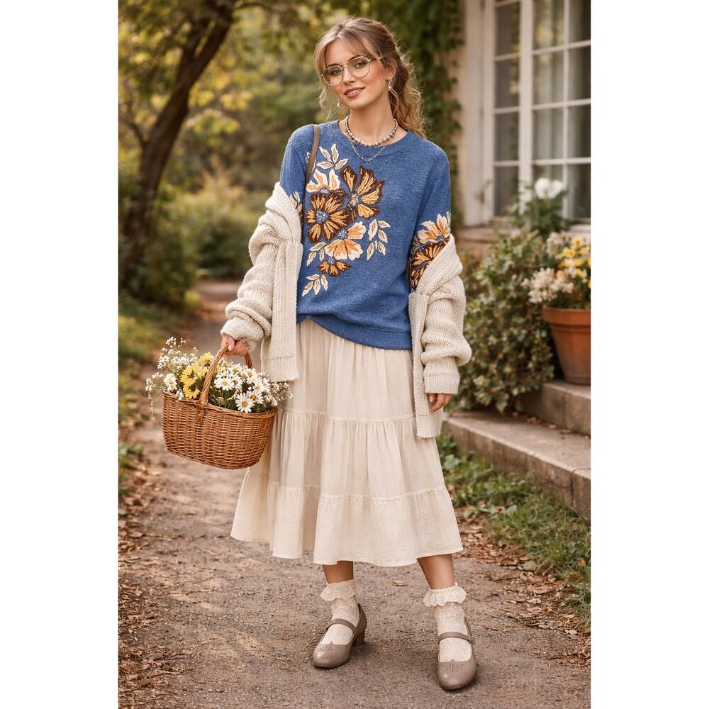 Tru‎ Luxe Jeans XS Blue Floral Applique Embroidered Sweatshirt Boho Cotton